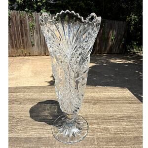 Vintage Hofbauer Byrdes Lead Crystal Pedestal Vase 10.5" Etched Birds Germany